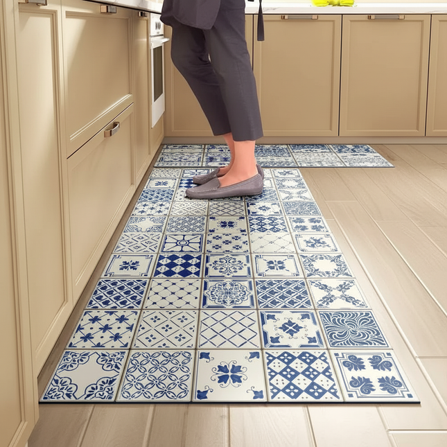Tapis Cuisine long carreaux bleus antidérapant lavable
