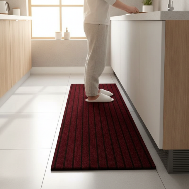 Tapis Cuisine rouge à rayures antidérapant