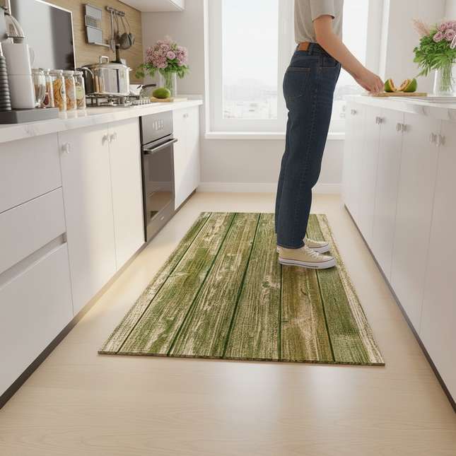 Tapis Cuisine planches bois vert patiné lavable