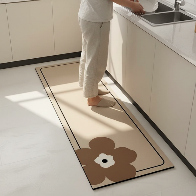 Tapis Cuisine en L beige floral antidérapant