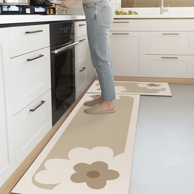 Tapis Cuisine beige motif floral antidérapant naturel