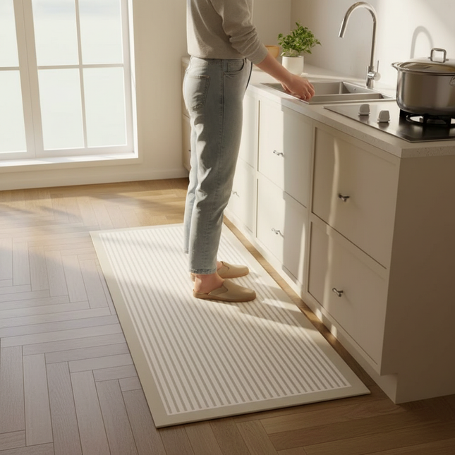 Tapis Cuisine beige rayé antidérapant stylé