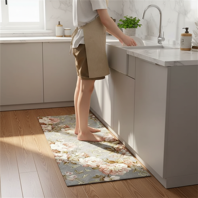 Tapis Cuisine gris floral lavable