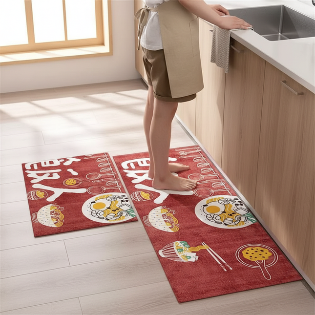 Tapis Cuisine rouge motif culinaire lavable