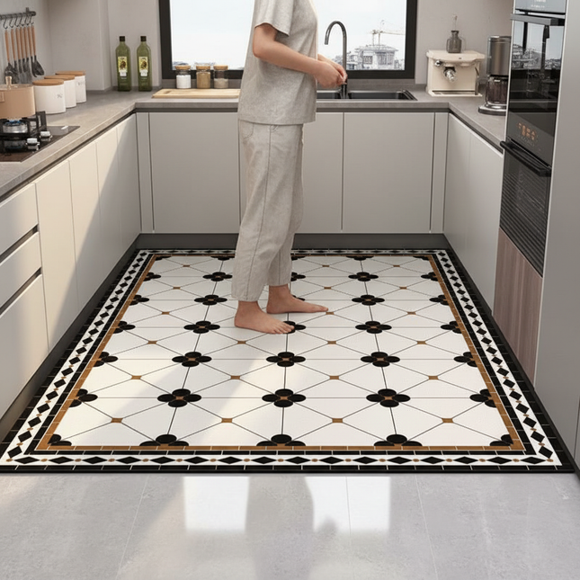 Tapis Cuisine noir et blanc motif mosaïque antidérapant