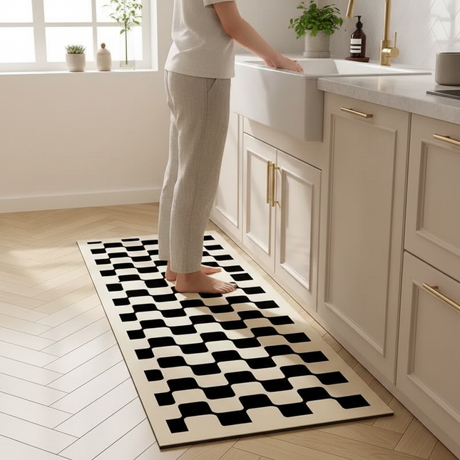 Tapis Cuisine damier ondulé noir beige moderne