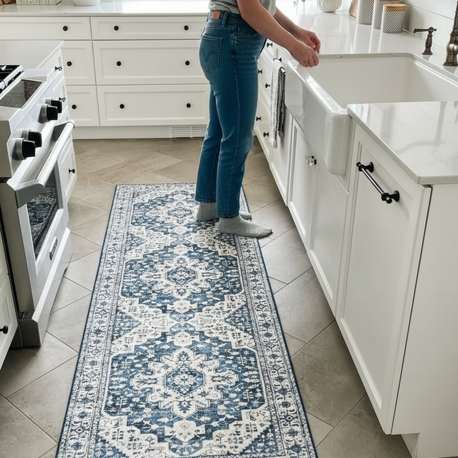 Tapis Cuisine bleu blanc motif vintage lavable