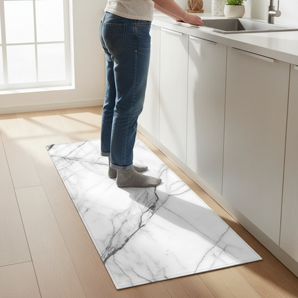 Tapis Cuisine motif marbre blanc moderne