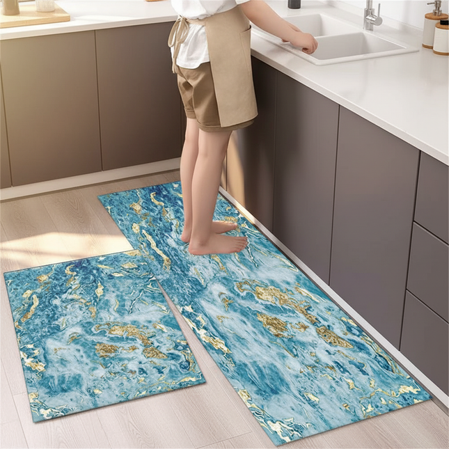 Tapis Cuisine marbre bleu or moderne antidérapant