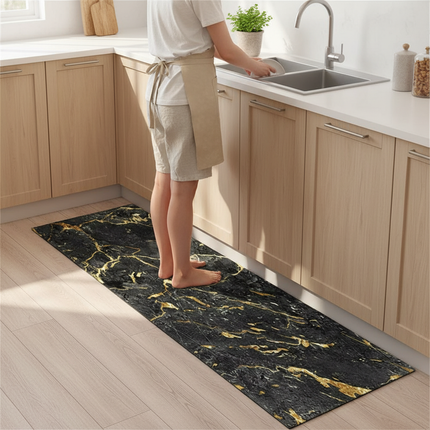Tapis Cuisine noir marbre doré antidérapant élégant