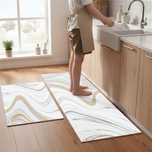 Tapis Cuisine marbre blanc doré antidérapant chic