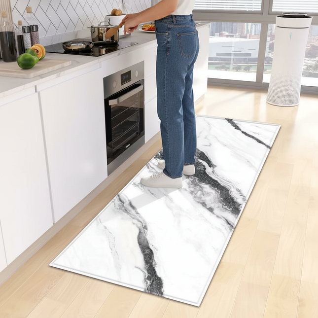Tapis Cuisine blanc marbré noir antidérapant