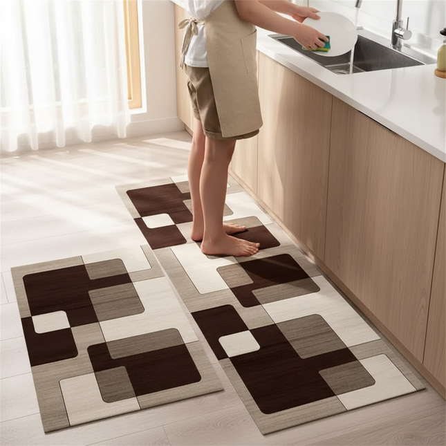 Tapis Cuisine Géométrique Marron Beige Antidérapant