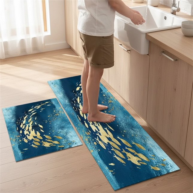 Tapis Cuisine Bleu Poissons Dorés Lavable