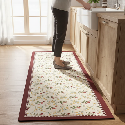 Tapis Cuisine floral bordure rouge lavable