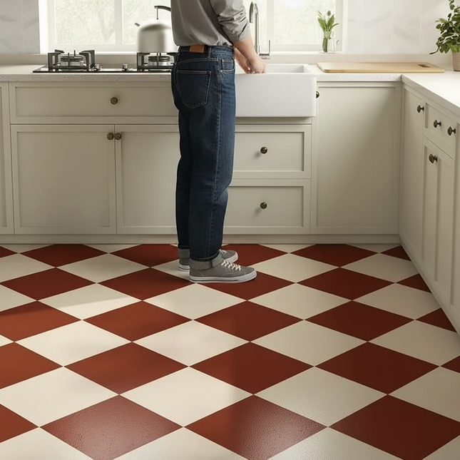 Tapis Cuisine à damier rouge crème antidérapant