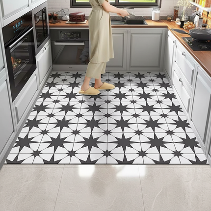 Tapis Cuisine noir blanc motif étoiles moderne