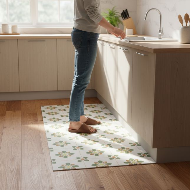 Tapis Cuisine floral écru antidérapant