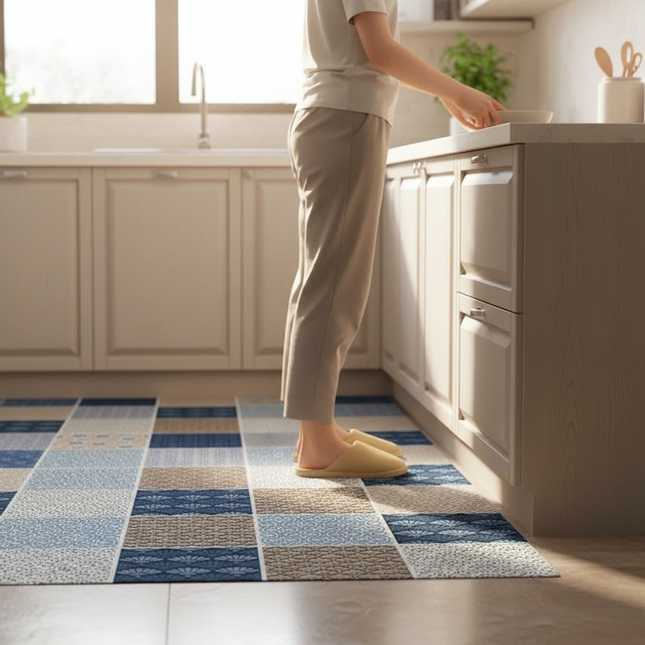 Tapis Cuisine patchwork bleu beige moderne