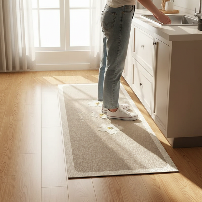 Tapis Cuisine beige fleuri antidérapant
