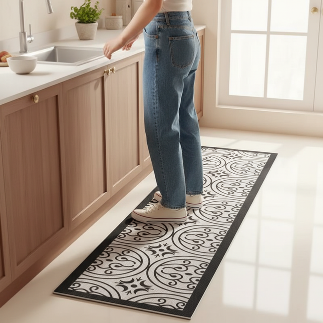Tapis Cuisine noir et blanc motif antidérapant