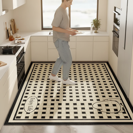 Tapis Cuisine Carreaux Noir Beige Antidérapant