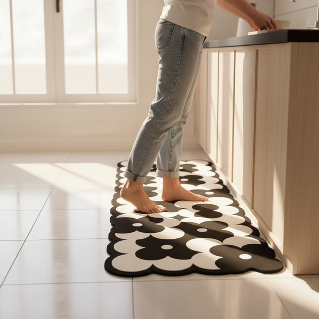 Tapis Cuisine noir et blanc motif floral antidérapant