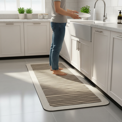 Tapis Cuisine rayures noires beige antidérapant