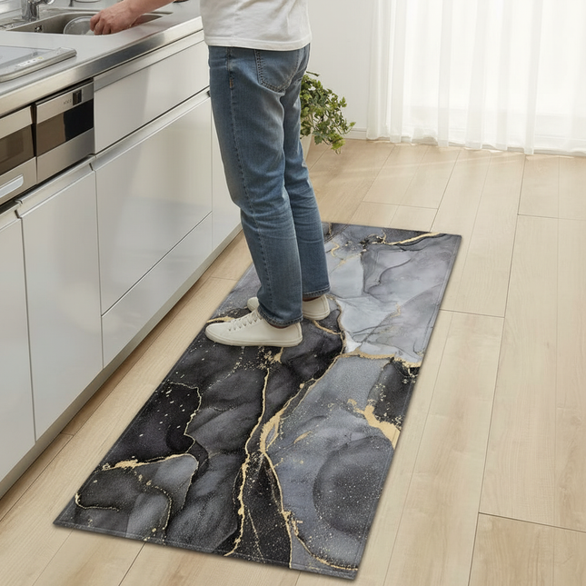 Tapis Cuisine marbré noir or antidérapant