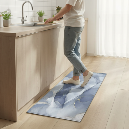 Tapis Cuisine bleu marbré antidérapant luxueux