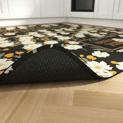 Tapis Cuisine noir floral antidérapant