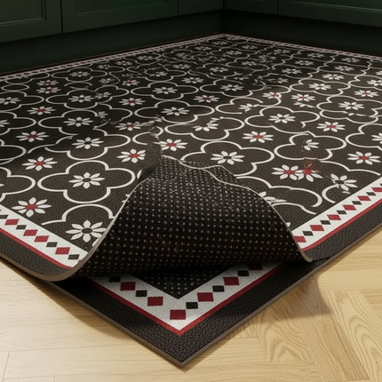 Tapis Cuisine noir motif floral lavable