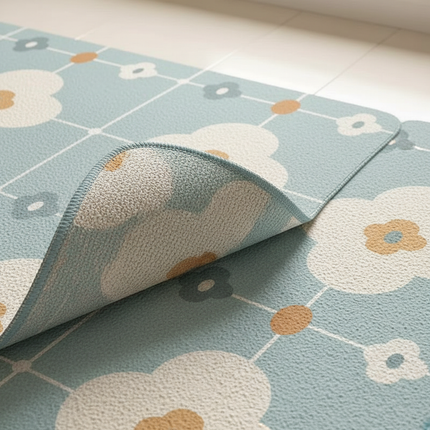 Tapis Cuisine bleu motif floral lavable