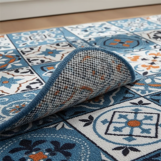 Tapis Cuisine motif carreaux bleu antidérapant