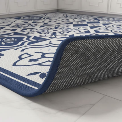 Tapis Cuisine bleu motif carreaux antidérapant