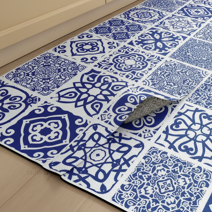 Tapis Cuisine long carreaux bleus antidérapant