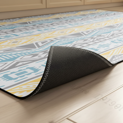 Tapis Cuisine motif géométrique jaune bleu antidérapant