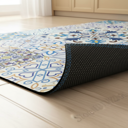 Tapis Cuisine motif mosaïque bleu antidérapant