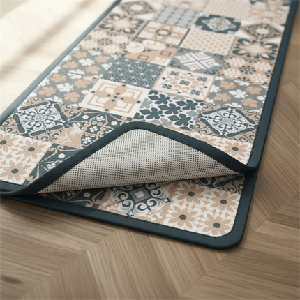 Tapis Cuisine patchwork bleu beige antidérapant