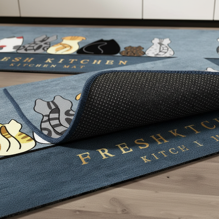 Tapis Cuisine bleu motif chats antidérapant