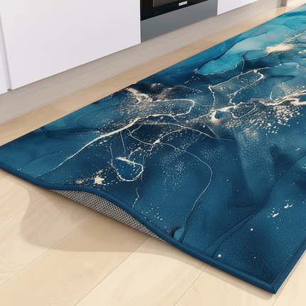 Tapis Cuisine bleu marbré antidérapant brillant