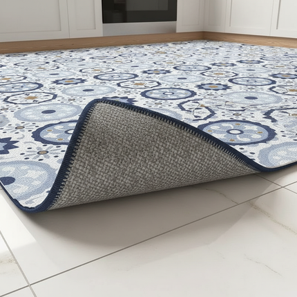 Tapis Cuisine antidérapant bleu motifs mosaïque