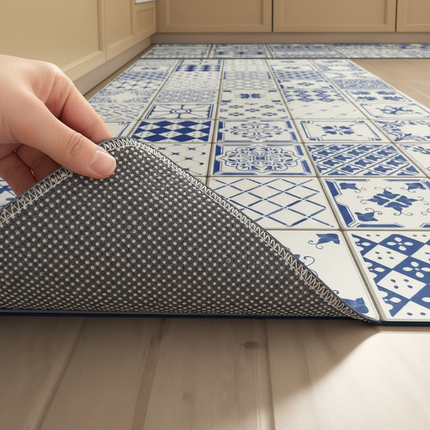 Tapis Cuisine long carreaux bleus antidérapant lavable