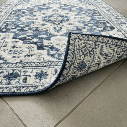 Tapis Cuisine bleu blanc motif vintage lavable