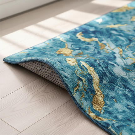 Tapis Cuisine marbre bleu or moderne antidérapant