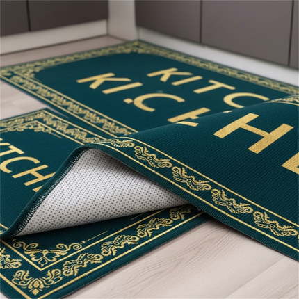 Tapis Cuisine bleu canard doré antidérapant