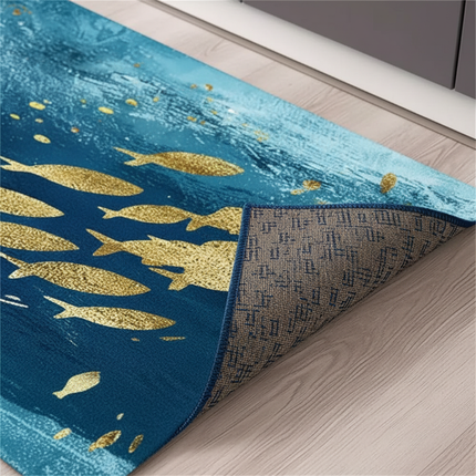 Tapis Cuisine Bleu Poissons Dorés Lavable