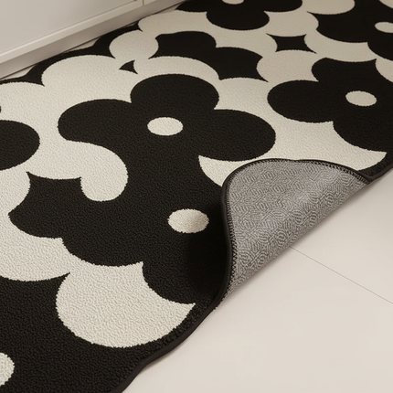 Tapis Cuisine noir et blanc motif floral antidérapant